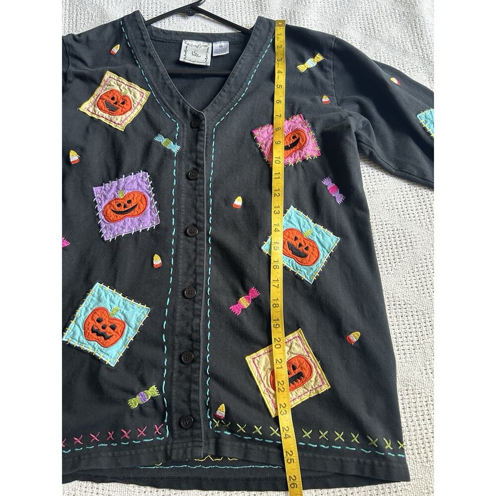 Vintage Michael Simon Lite Halloween Pumpkin Candy Patchwork Cardigan Sweater M - Picture 6 of 8